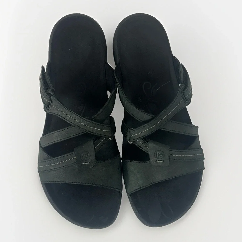 Merrell Womens 10 Black Leather Sport Sandals Adjustable Strap Comfort Walking